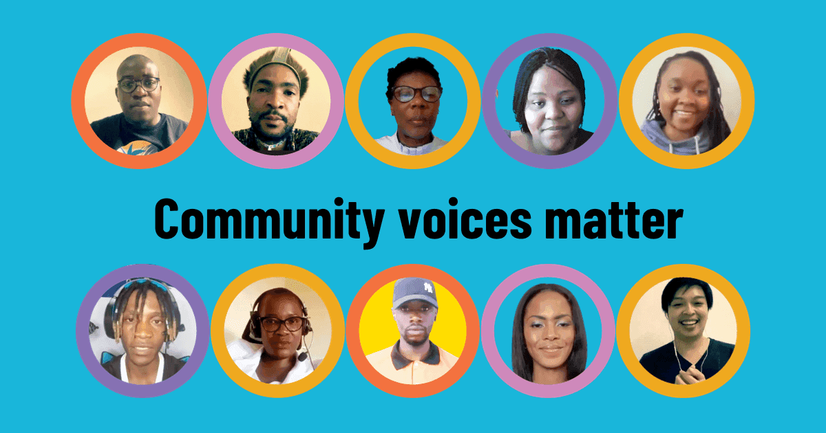 Graphic with pictures of Community Voices acitvists and text 'Community voices matter'